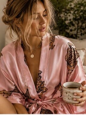 Pink Satin Leopard-Print Kimono Robe - Women's Intimates & Sleepwear